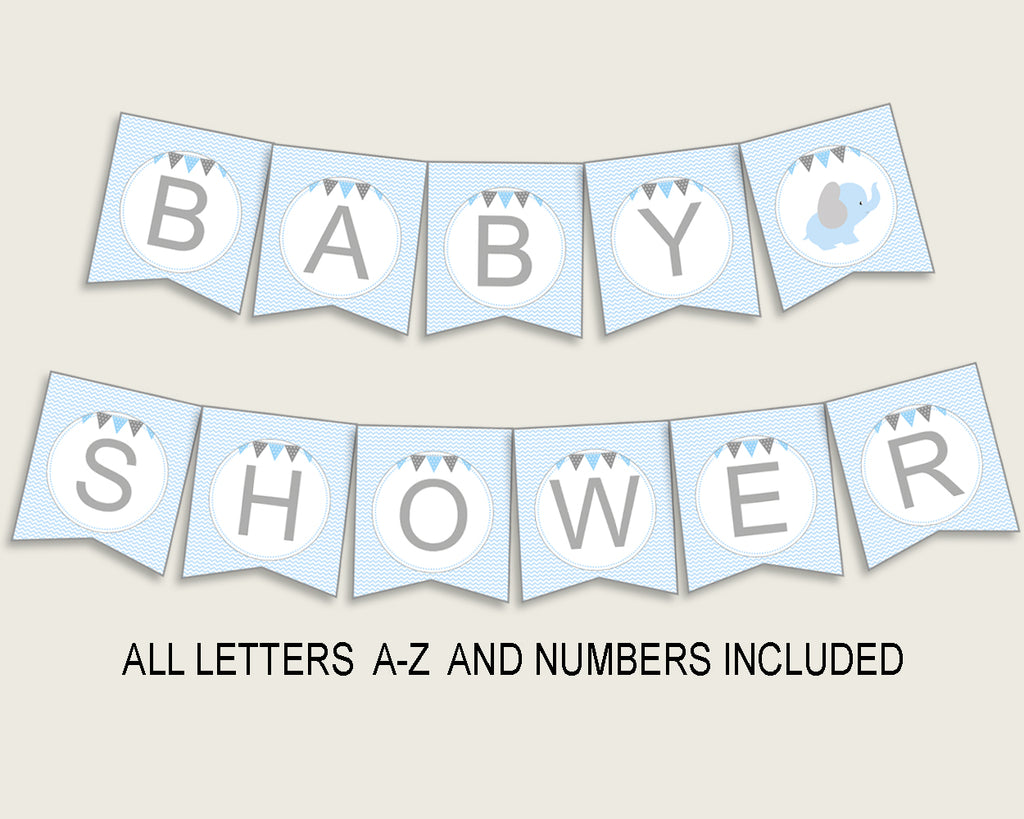 Elephant Baby Shower Banner All Letters, Birthday Party Banner Printable A-Z, Blue Grey Banner Decoration Letters Boy, Chevron Theme ebl02