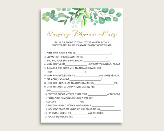 Greenery Nursery Rhyme Quiz Printable, Green Gold Nursery Rhyme Game, Green Gold Baby Shower Gender Neutral Activities, Instant Y8X33