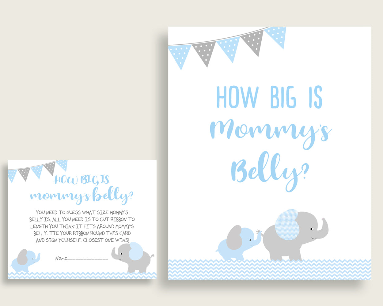 Blue Grey How Big Is Mommy's Belly Game, Elephant Baby Shower Boy, Guess Mommys Belly Size, Mommy Tummy Game, Instant Download, ebl02