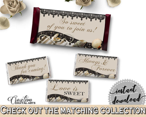 Hershey Mini And Standard Wrappers in Seashells And Pearls Bridal Shower Brown And Beige Theme, decoration wraps, shower activity - 65924 - Digital Product