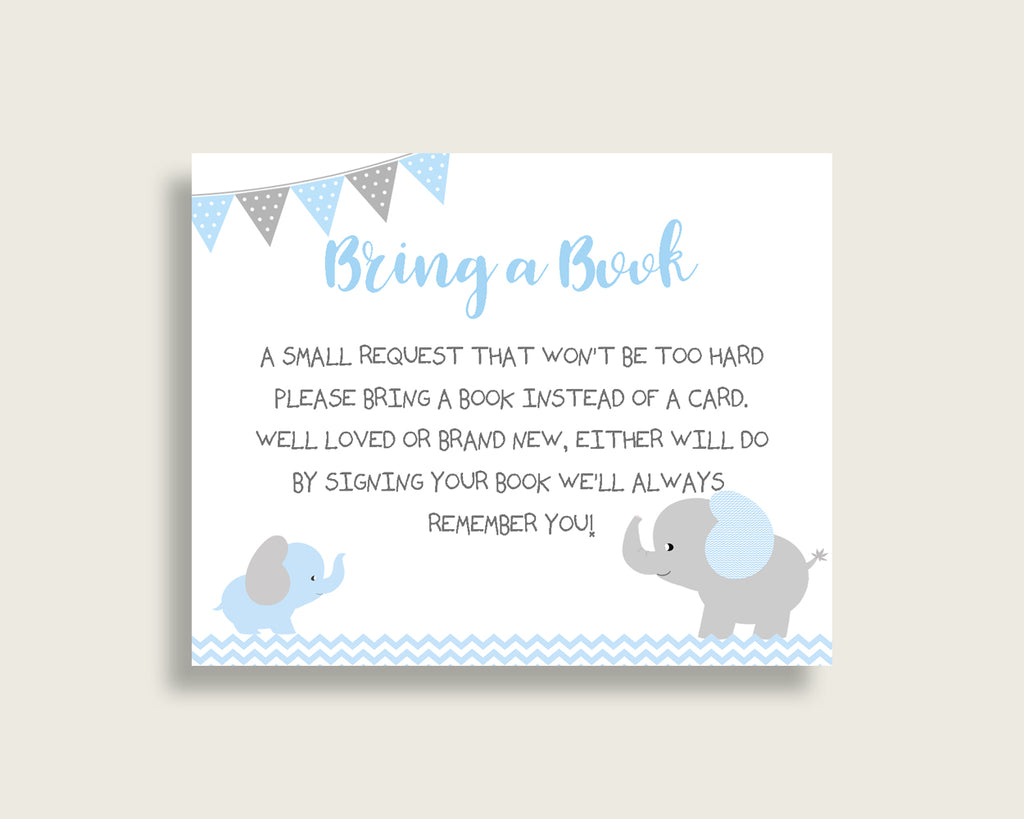 Elephant Baby Shower Bring A Book Insert Printable, Boy Blue Grey Book Request, Elephant Books For Baby, Book Instead Of Card, ebl02