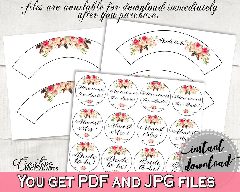 Pink And Red Bohemian Flowers Bridal Shower Theme: Cupcake Toppers And Wrappers - cupcake casing, beautiful bridal, party plan - 06D7T - Digital Product