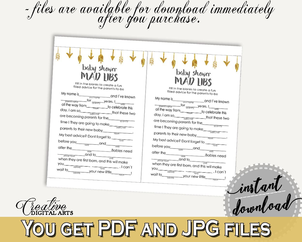 Mad Libs Baby Shower Mad Libs Gold Arrows Baby Shower Mad Libs Baby Shower Gold Arrows Mad Libs Gold White - I60OO - Digital Product