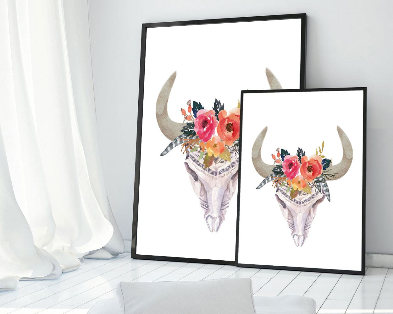 Skull Prints Wall Art Bull Digital Download Skull  Instant Download Bull Frame And Canvas Available watercolor skull flowers skull cow skull - Digital Download