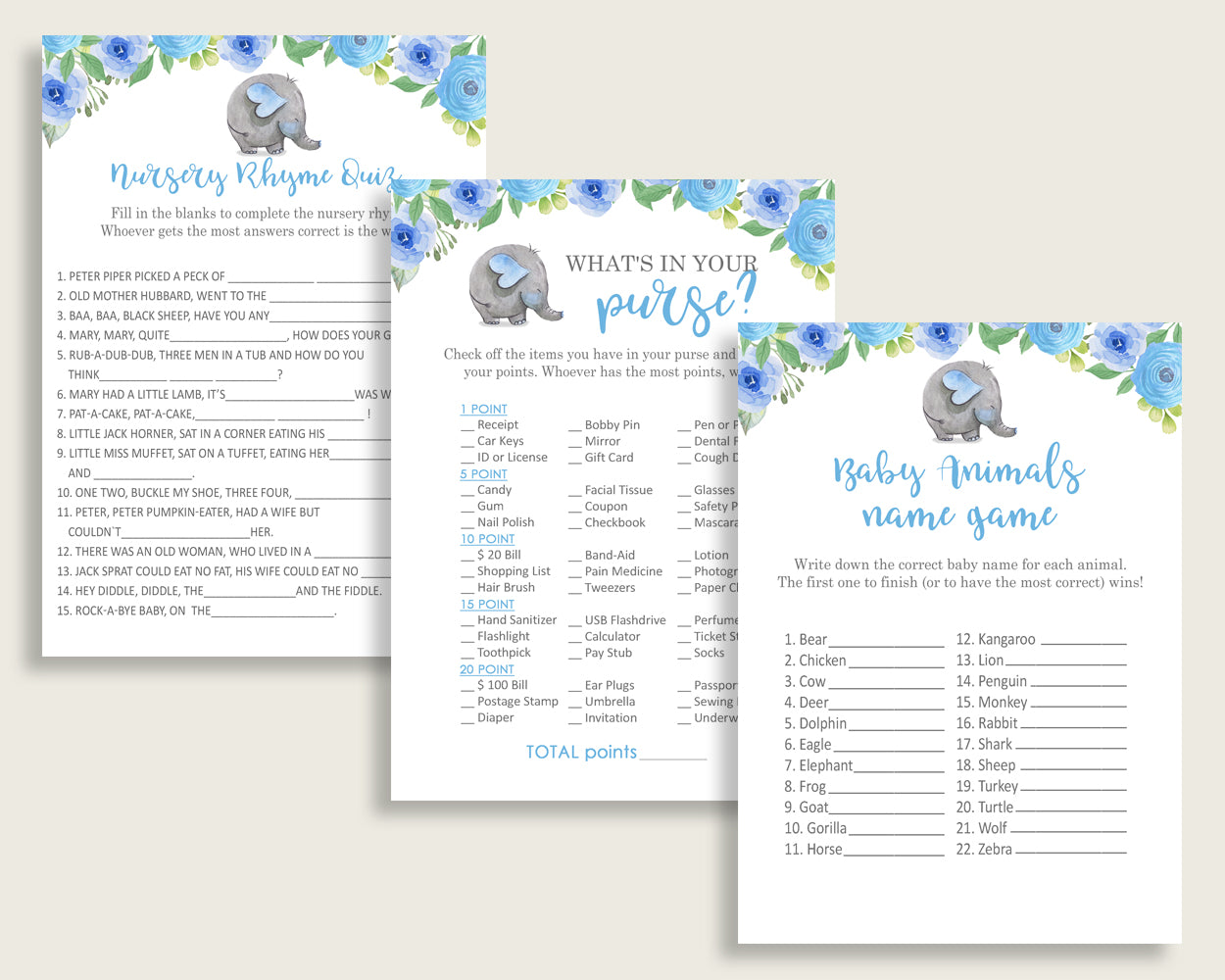 Elephant Blue Baby Shower Games Printable Pack, Blue Gray Baby Shower Games Package Boy, Elephant Blue Games Bundle Set, Instant ebl01