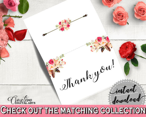 Pink And Red Bohemian Flowers Bridal Shower Theme: Thank You Card - appreciation, watercolor boho, printable files, party theme - 06D7T - Digital Product