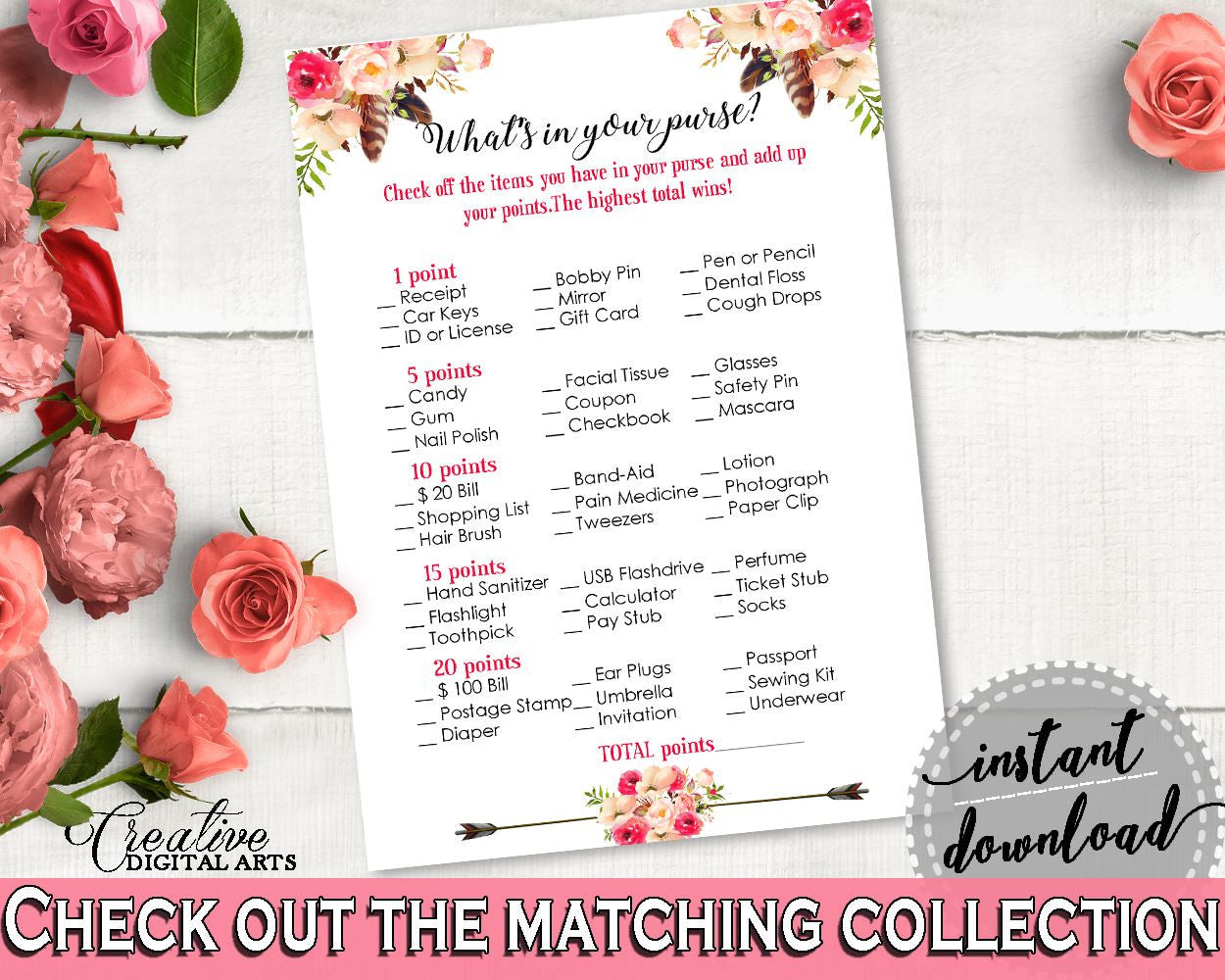 What's In Your Purse Game in Bohemian Flowers Bridal Shower Pink And Red Theme, whats in purse, bouquet boho, party décor, prints - 06D7T - Digital Product