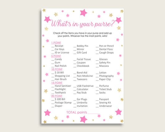 Twinkle Star What's In Your Purse Game Printable, Pink Gold Whats In Your Purse, Girl Baby Shower Purse Game, Instant Download, bsg01