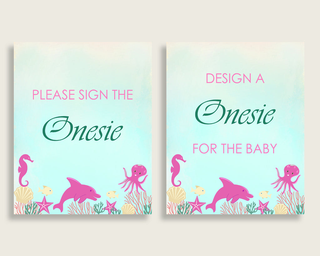 Pink Green Please Sign The Onesie Sign and Design A Onesie Sign Printables, Under The Sea Girl Baby Shower Decor, Instant Download, uts01