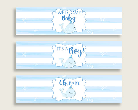 Blue White Water Bottle Labels Printable, Whale Water Bottle Wraps, Whale Baby Shower Boy Bottle Wrappers, Instant Download, wbl01