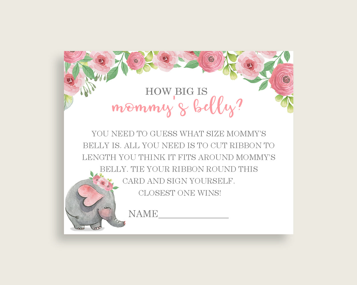 Pink Grey How Big Is Mommy's Belly Game, Pink Elephant Baby Shower Girl, Guess Mommys Belly Size, Mommy Tummy Game, Instant Download, ep001