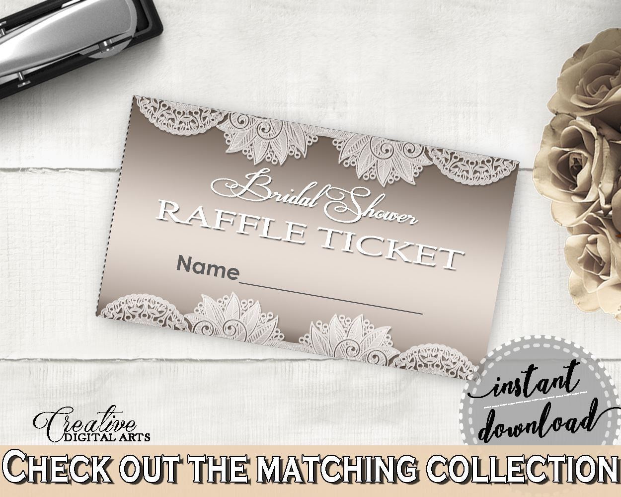 Raffle Ticket in Traditional Lace Bridal Shower Brown And Silver Theme, prize ticket, elegant bridal, customizable files, prints - Z2DRE - Digital Product