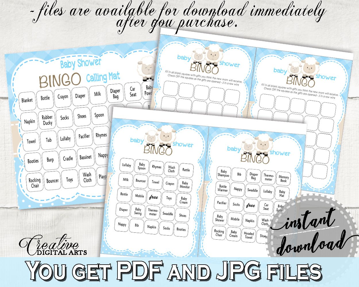 Little Lamb Baby Shower Boy BINGO 60 cards game blue and empty gift BINGO sheep theme printable, digital Jpg Pdf, instant download - fa001