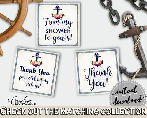 Nautical Anchor Flowers Bridal Shower Thank You Tags Square in Navy Blue, from my shower, underwater theme, shower celebration - 87BSZ - Digital Product