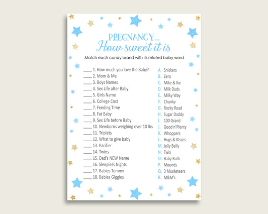 Blue Gold Pregnancy How Sweet It Is Game, Stars Baby Shower Boy, Printable Candy Bar Match Game, Instant Download, Most Popular bsr01