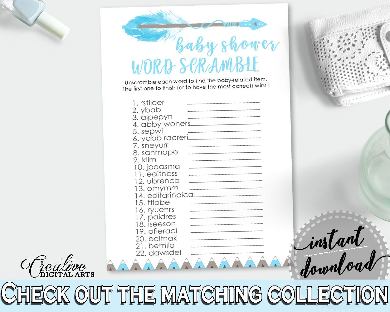 Word Scramble Baby Shower Word Scramble Aztec Baby Shower Word Scramble Blue White Baby Shower Aztec Word Scramble - QAQ18 - Digital Product