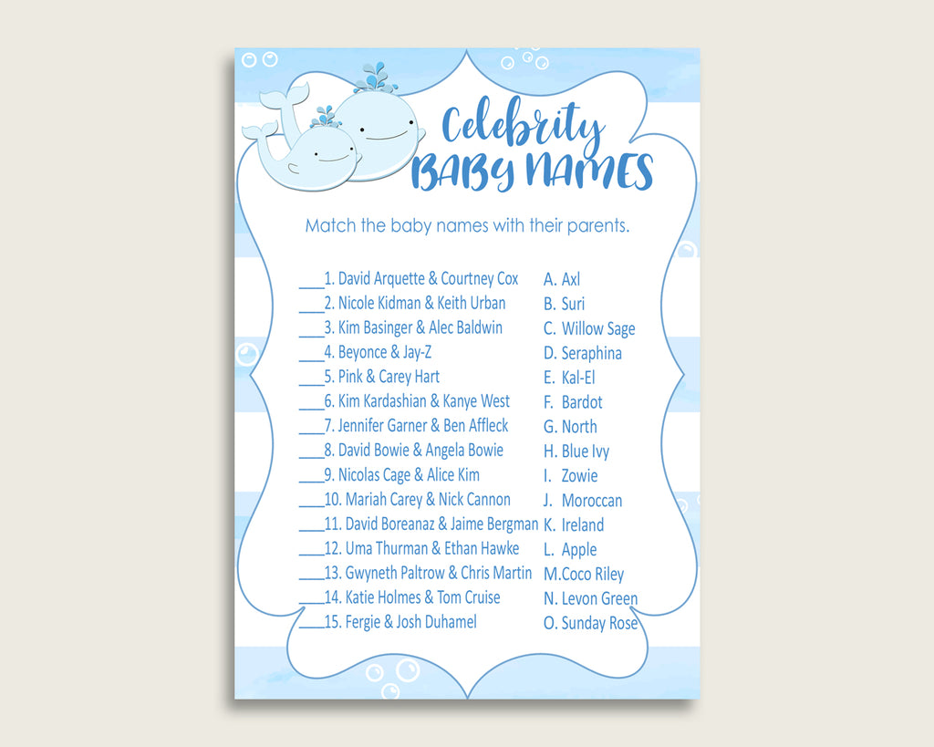Blue White Celebrity Baby Names, Whale Baby Shower Boy Name Game Printable, Celebrity Match Game, Famous Babies Game, Celebrity wbl01