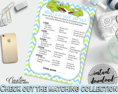 WHAT'S IN YOUR PURSE baby shower game with green alligator and blue color theme, instant download - ap002