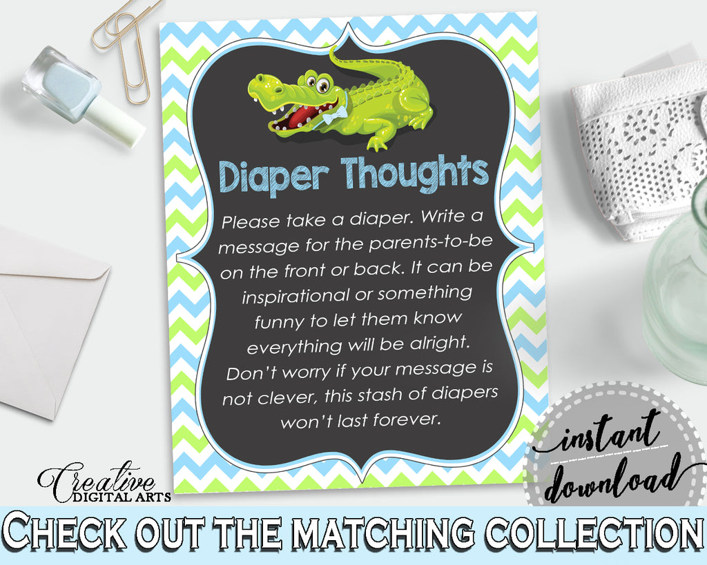 Baby shower DIAPER THOUGHTS game with green alligator and blue color theme, instant download - ap002