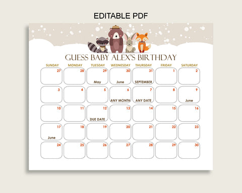 Beige Brown Guess Baby Due Date Calendar Game Printable, Winter Woodland Baby Shower Gender Neutral Birthday Prediction Calendar RM4SN