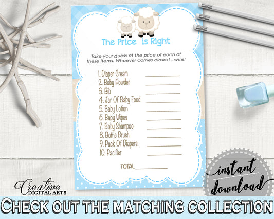 Baby Shower Lamb The PRICE IS RIGHT game, baby boy blue theme sheep printable, digital files Jpg Pdf, instant download - fa001