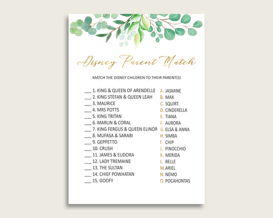 Greenery Disney Parent Match Game, Gender Neutral Baby Shower Game, Green Gold Match The Disney Parents Printable, Instant Download, Y8X33