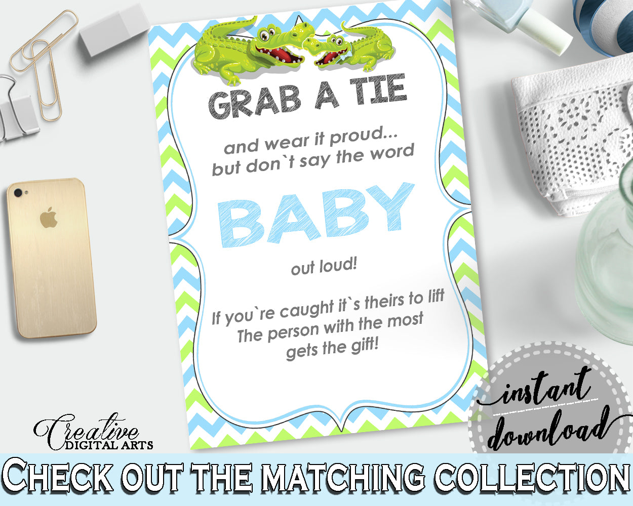 Grab A Tie Baby Shower Grab A Tie Alligator Baby Shower Grab A Tie Blue Green Baby Shower Alligator Grab A Tie party décor prints ap002