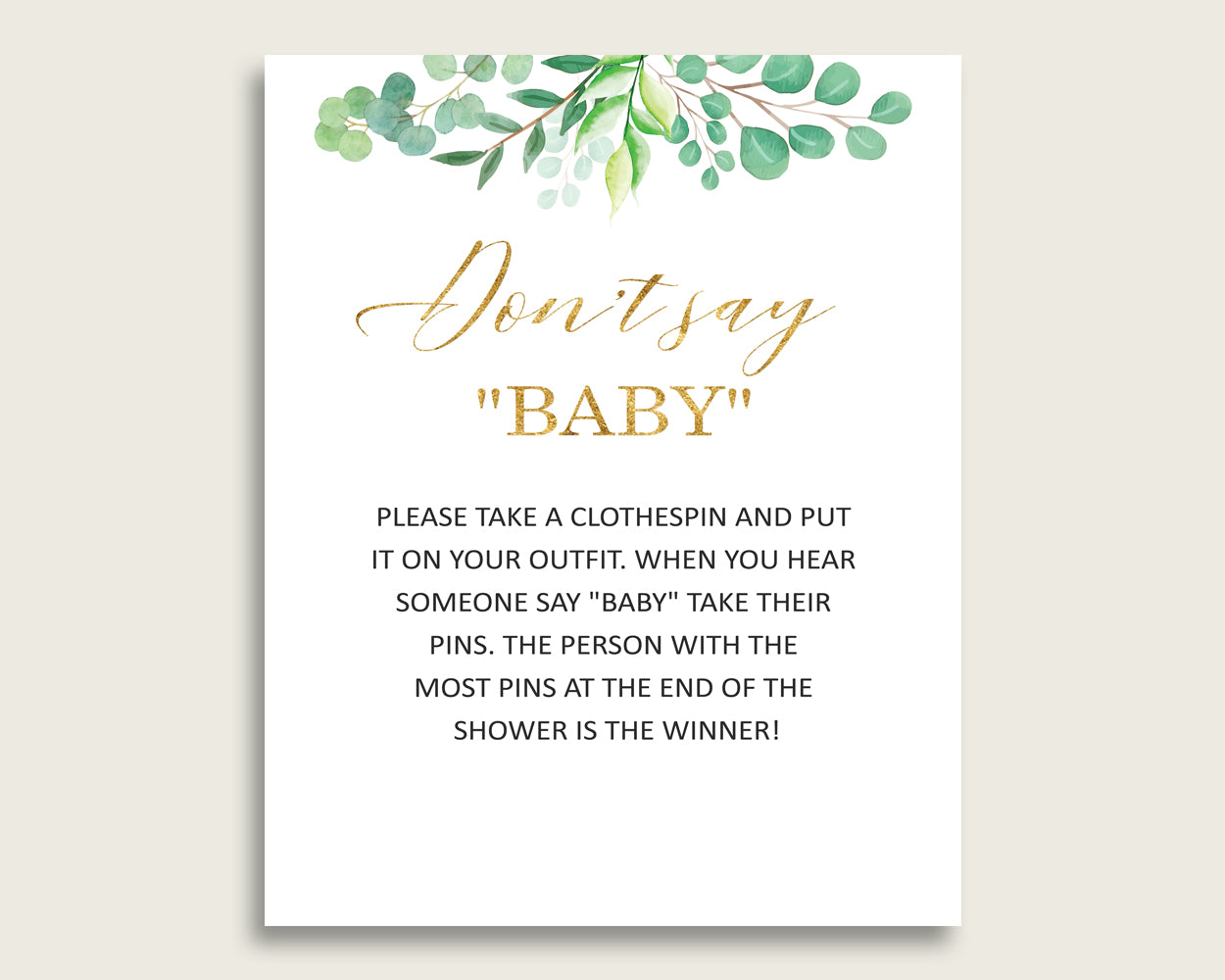 Green Gold Don't Say Baby Printable Game, Gender Neutral Baby Shower Greenery Game Sign, Instant Download, 8x10, Most Popular Y8X33