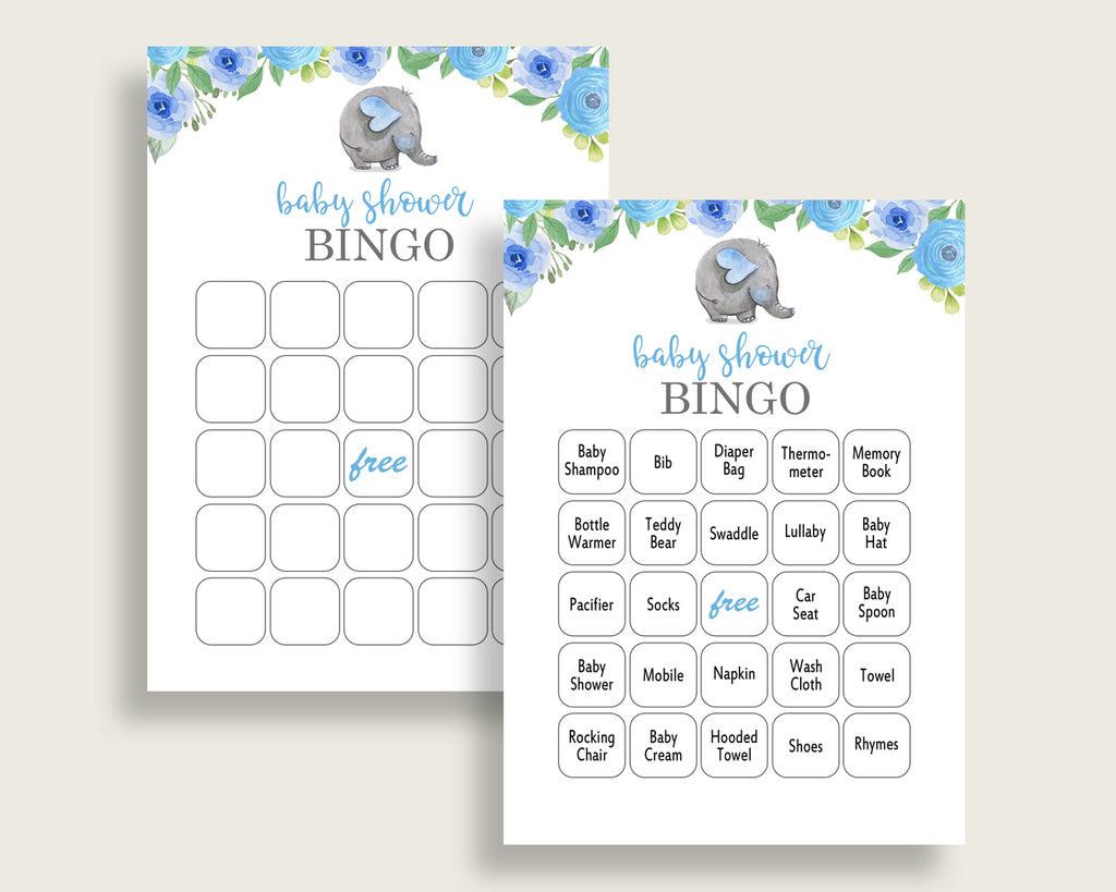 Elephant Blue Baby Shower Bingo Cards Printable, Blue Gray Baby Shower Boy, 60 Prefilled Bingo Game Cards, Cute Elephant Flowers ebl01