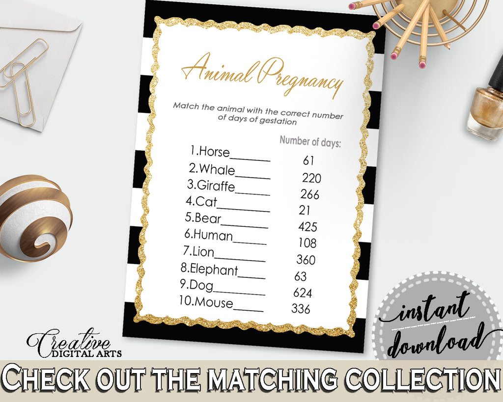 Baby Shower ANIMAL GESTATION game with black white stripes color theme printable glitter, digital files, Jpg Pdf, instant download - bs001