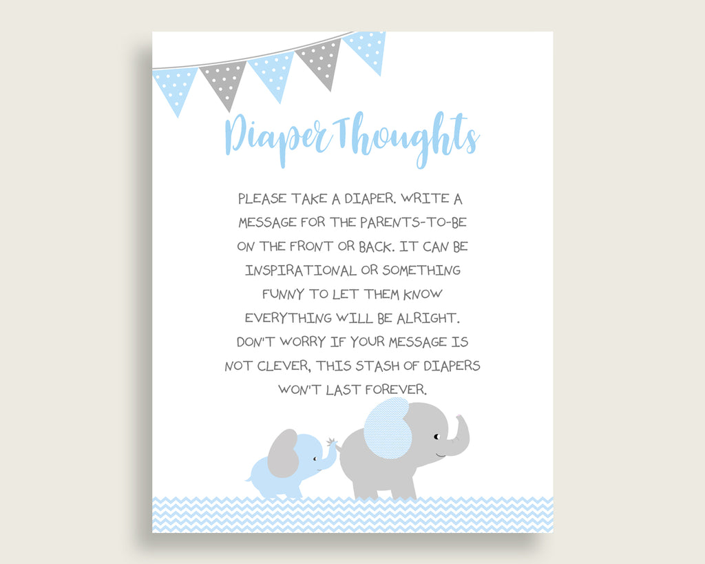 Elephant Baby Shower Diaper Thoughts Printable, Boy Blue Grey Late Night Diaper Sign, Words For Wee Hours, Write On Diaper Message ebl02