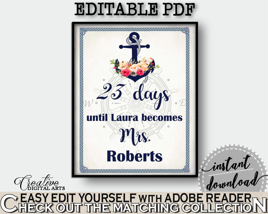 Days Until Becomes in Nautical Anchor Flowers Bridal Shower Navy Blue Theme, countdown to mrs, seafaring shower, customizable files - 87BSZ - Digital Product