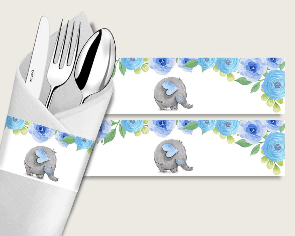 Elephant Blue Baby Shower Napkin Rings Printable, Blue Gray Napkin Wrappers, Boy Shower Utensils Wrap, Instant Download, Mammoth ebl01