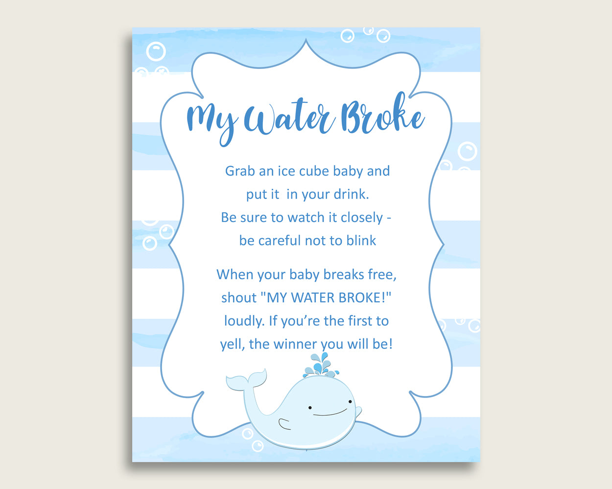 Whale Baby Shower My Water Broke Game Printable, Blue White Ice Cube Babies Game, Boy Baby Shower Frozen Babies Game Sign 8x10 wbl01