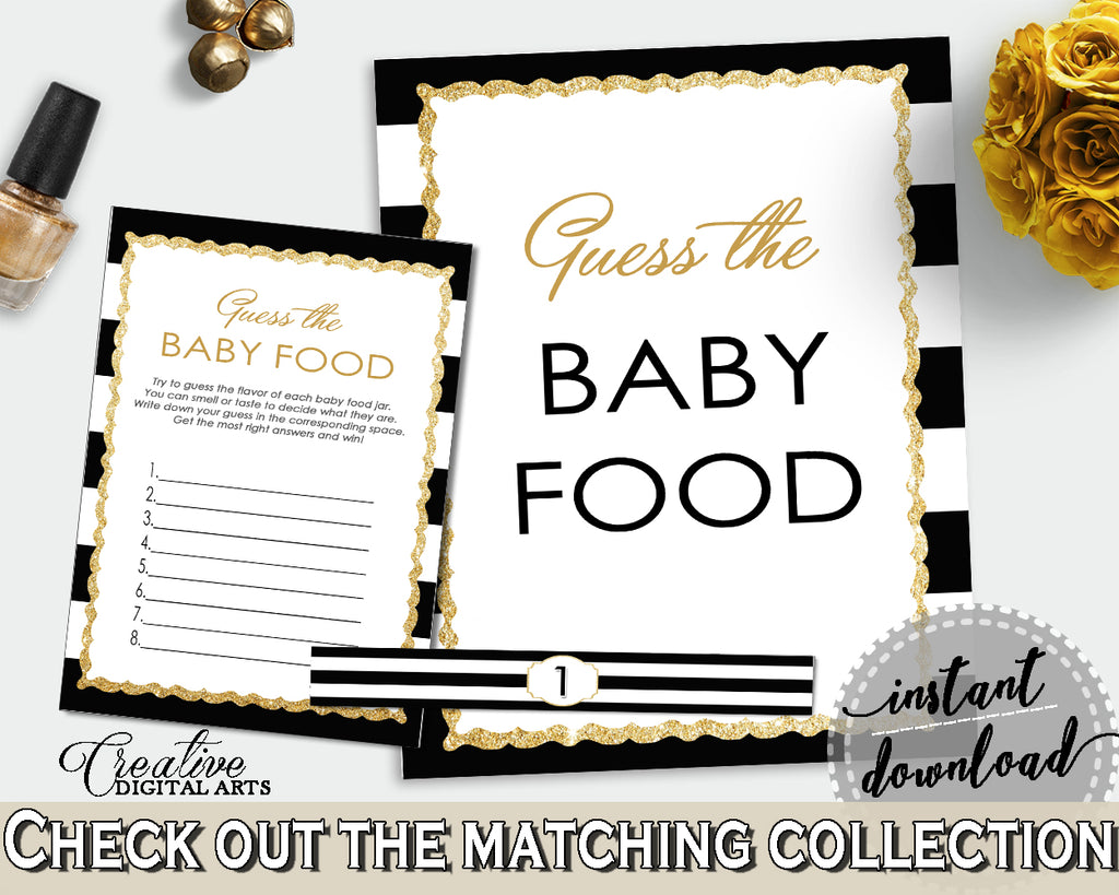 GUESS The BABY FOOD game for baby shower with black stripes color theme printable glitter title, digital, Jpg Pdf, instant download - bs001