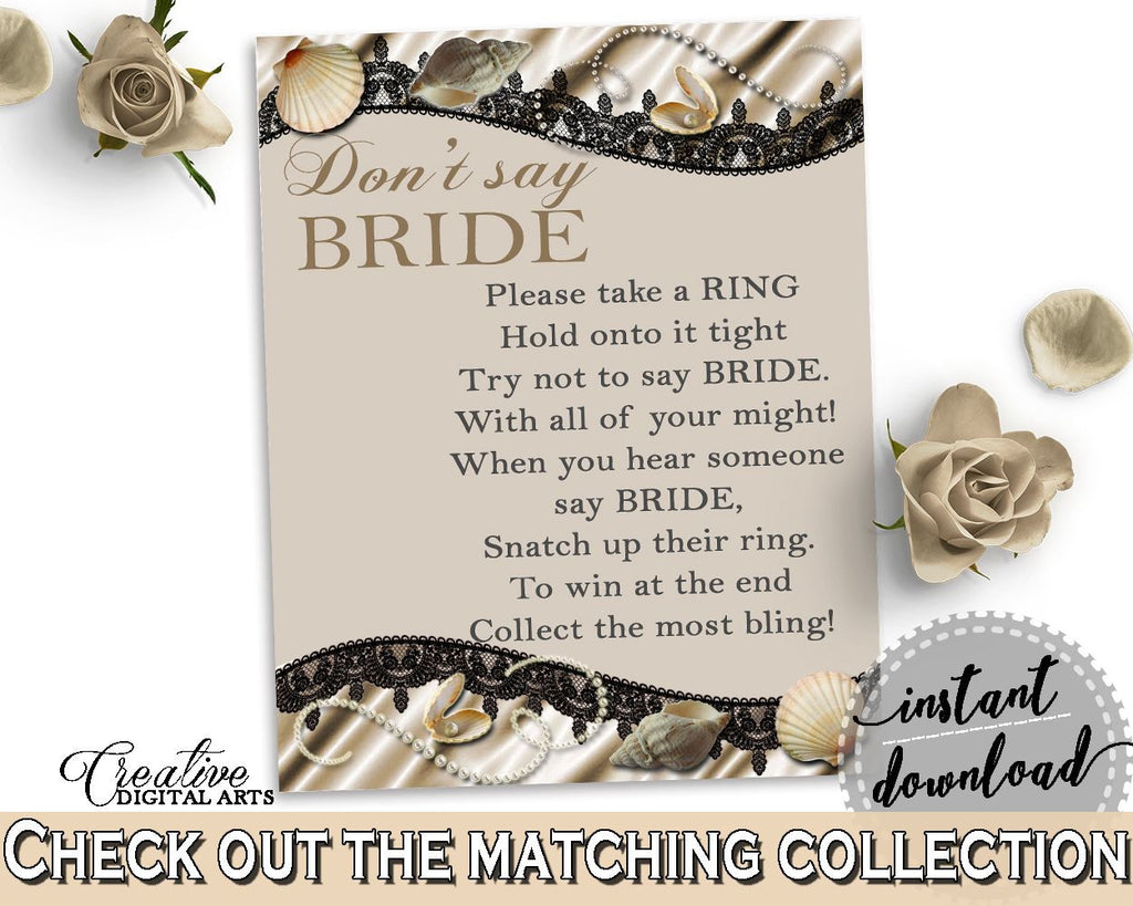 Brown And Beige Seashells And Pearls Bridal Shower Theme: Don't Say Bride - don't say a word, lace shower, party theme, party decor - 65924 - Digital Product