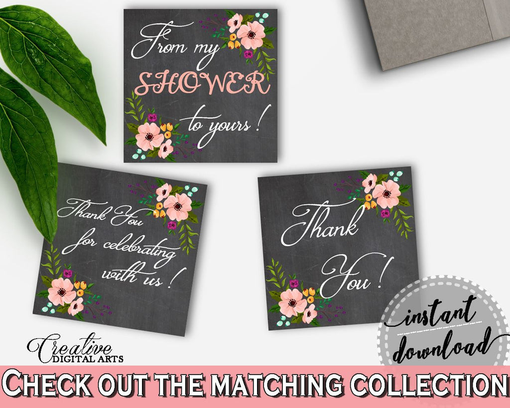 Black And Pink Chalkboard Flowers Bridal Shower Theme: Thank You Tags Square - thanks labels, chalk shower, party decorations - RBZRX - Digital Product