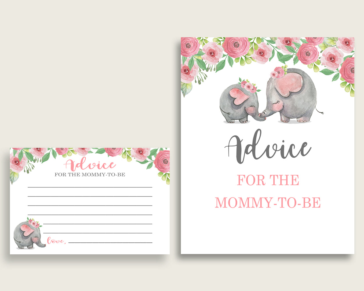 Pink Elephant Advice For Mommy To Be Cards & Sign, Printable Baby Shower Pink Grey Advice For New Parents, Instant Download, ep001