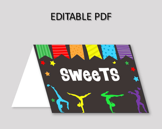 Food Tent Gymnastics Editable Food Tent Gymnastics Buffet Cards Rainbow Black Place Cards Girl QKROL