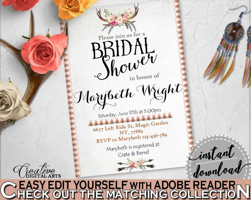 Gray and Pink Antlers Flowers Bohemian Bridal Shower Theme: Editable Bridal Shower Invitation - presence, party organization - MVR4R - Digital Product