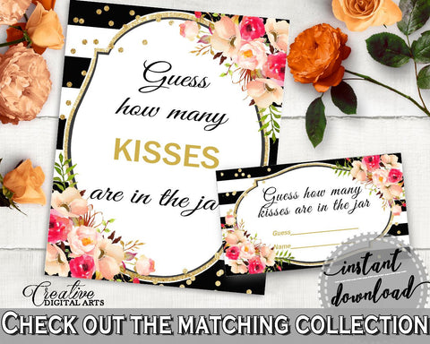 Black And Gold Flower Bouquet Black Stripes Bridal Shower Theme: Guess How Many Kisses Game - presume game, party decorations - QMK20 - Digital Product