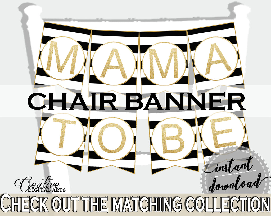 Baby shower CHAIR BANNER decoration printable with black white color stripes theme, digital files, glitter gold, instant download - bs001