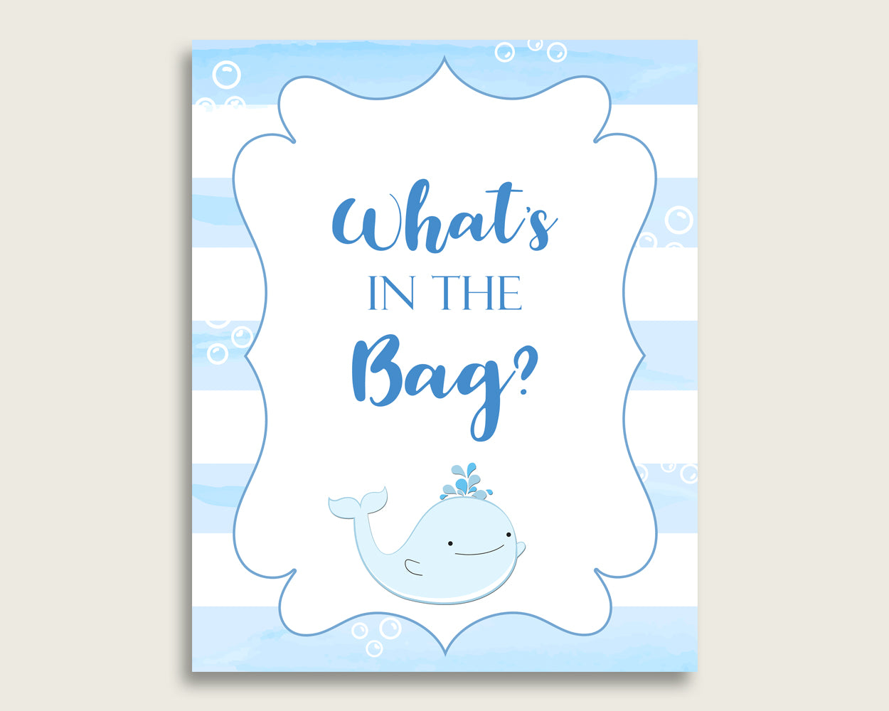 Whale Baby Shower What's In The Bag Game, Blue White Boy Bag Game Printable, Instant Download, Nautical Sea Watercolor Stripes wbl01