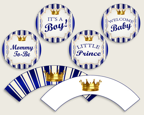 Royal Prince Cupcake Toppers, Blue Gold Cupcake Wrappers, Toppers Wrappers Baby Shower Boy, Instant Download, Prince Theme Navy King rp001