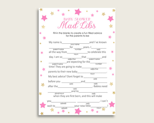 Pink Gold Mad Libs Baby Shower Girl Game Printable, Twinkle Star Mad Libs Fun Activity, DIY digital file, Glitter Little Stars bsg01