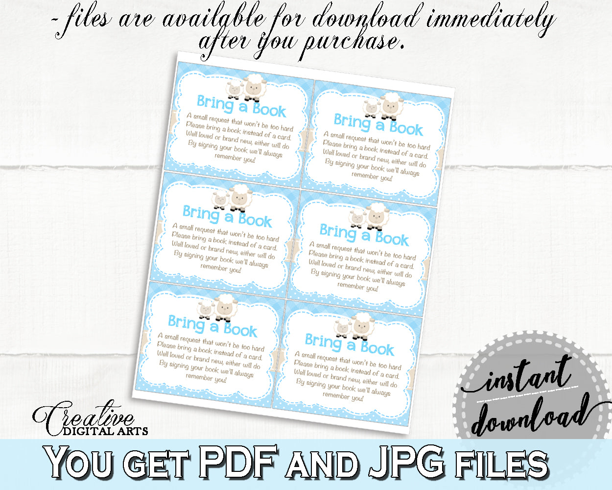 Little Lamb Baby shower boy BRING A BOOK insert cards printable sheep blue theme, digital files, jpg pdf, instant download - fa001