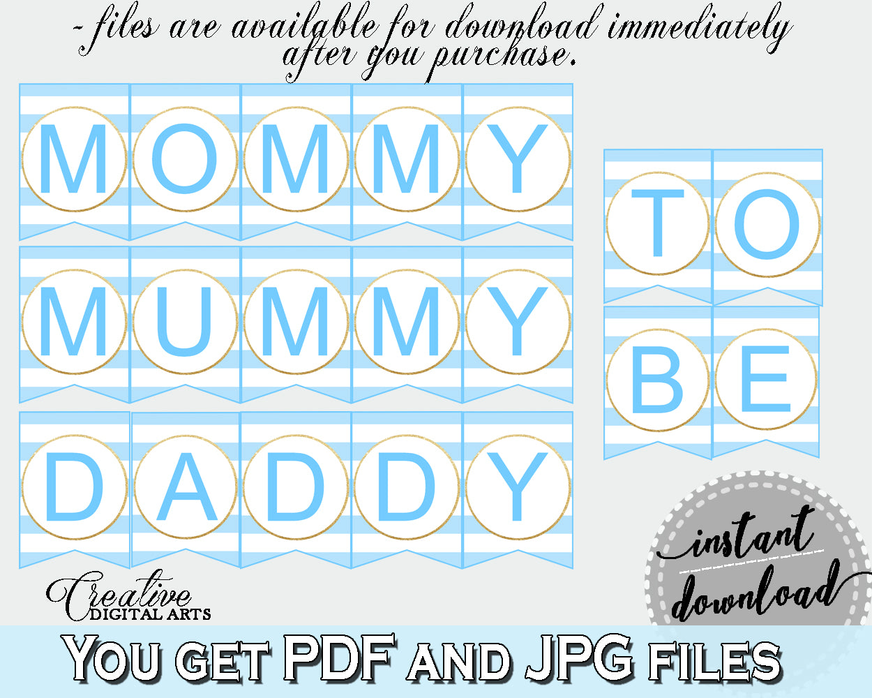 Baby shower CHAIR BANNER printable decoration with blue and white stripes, digital files, glitter gold, instant download - bs002