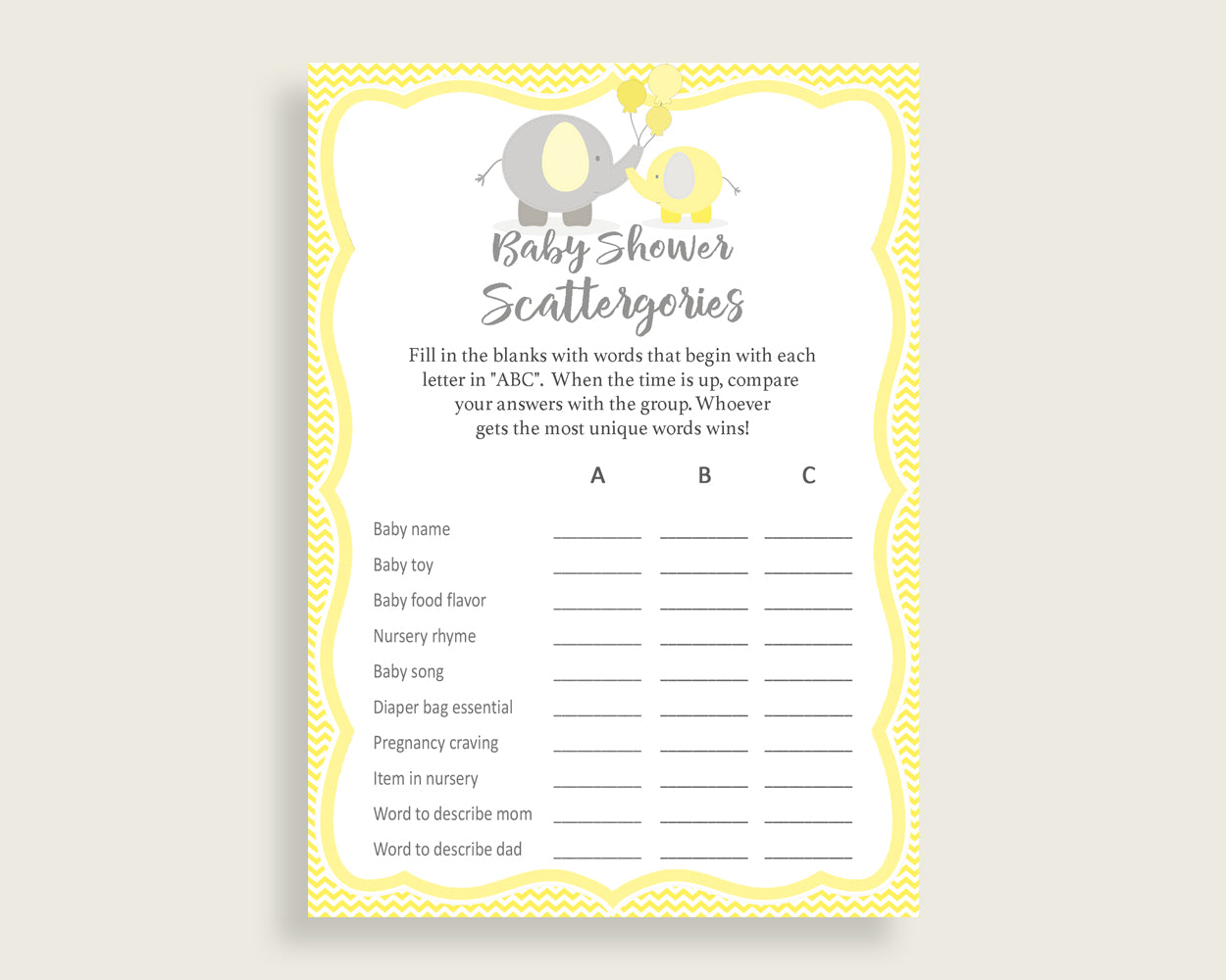 Scattergories Baby Shower Scattergories Yellow Baby Shower Scattergories Baby Shower Elephant Scattergories Yellow Gray printables W6ZPZ