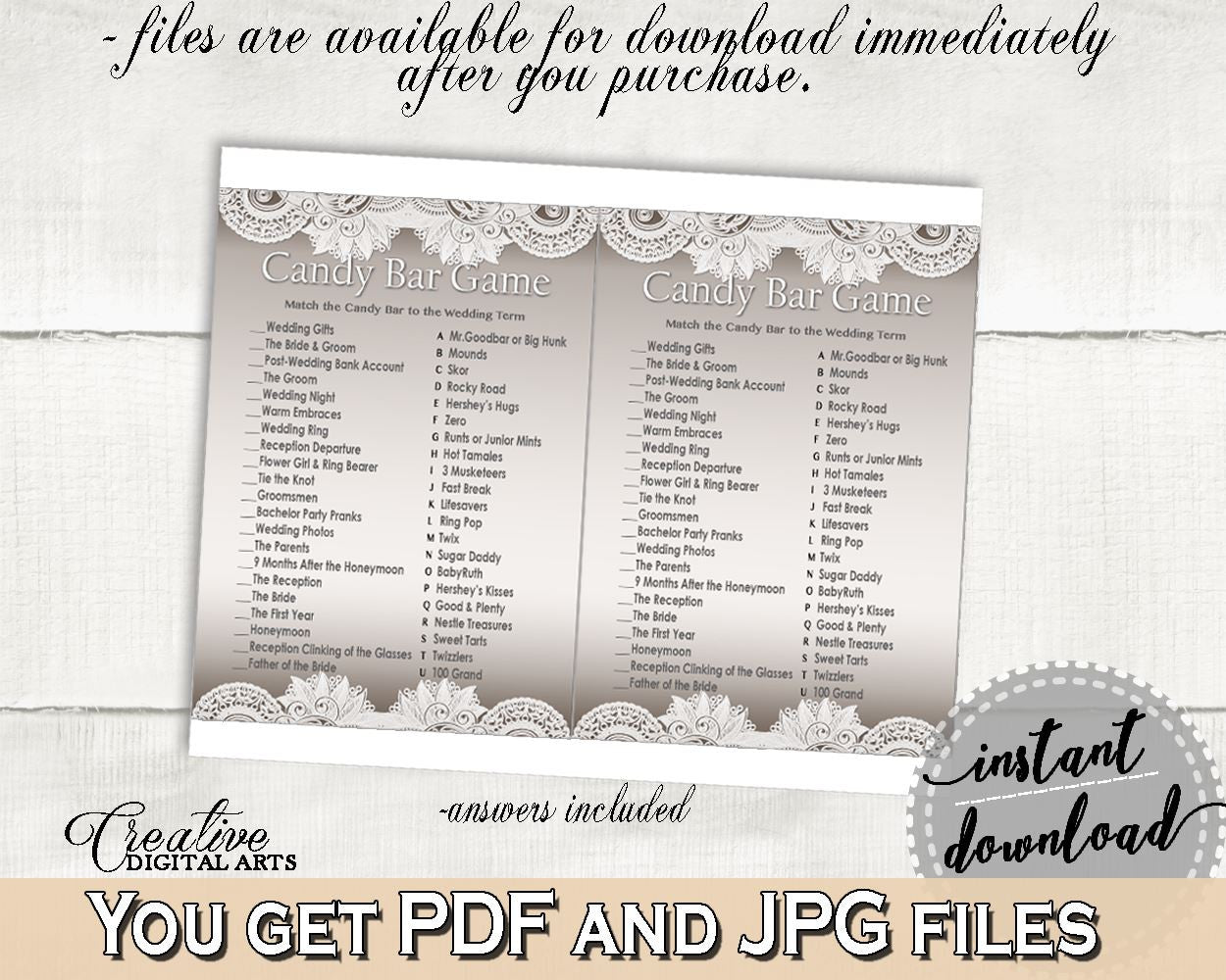 Traditional Lace Bridal Shower Candy Bar Game in Brown And Silver, how sweet it is, gray shower, party decor, paper supplies, prints - Z2DRE - Digital Product