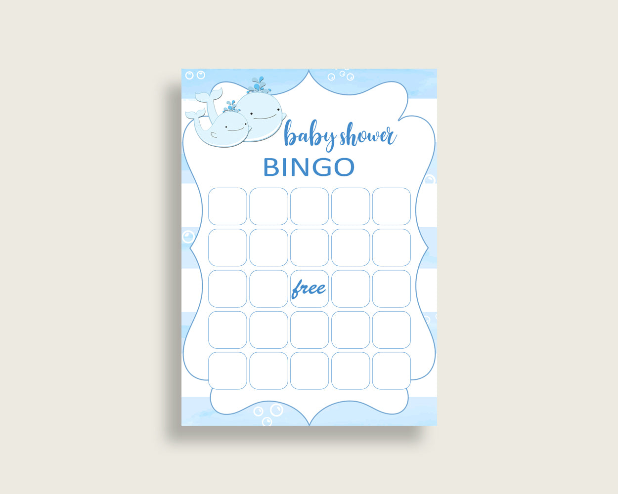 Whale Baby Shower Bingo Cards Printable, Blue White Baby Shower Boy, 60 Prefilled Bingo Game Cards, Light Blue Watercolor Stripes wbl01